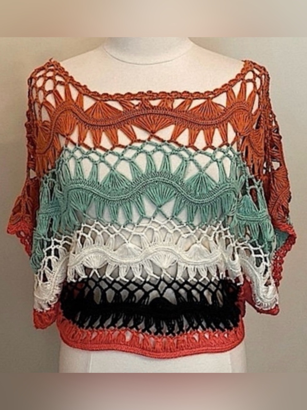 36 Point 5 Brown Black White Crochet M Festival Hippie Indie Boho Open Knit Top